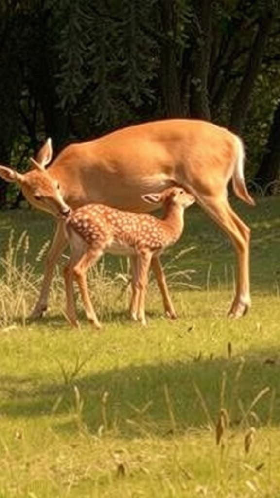 Deer and Fawn in Sunlit Woodland Clearing