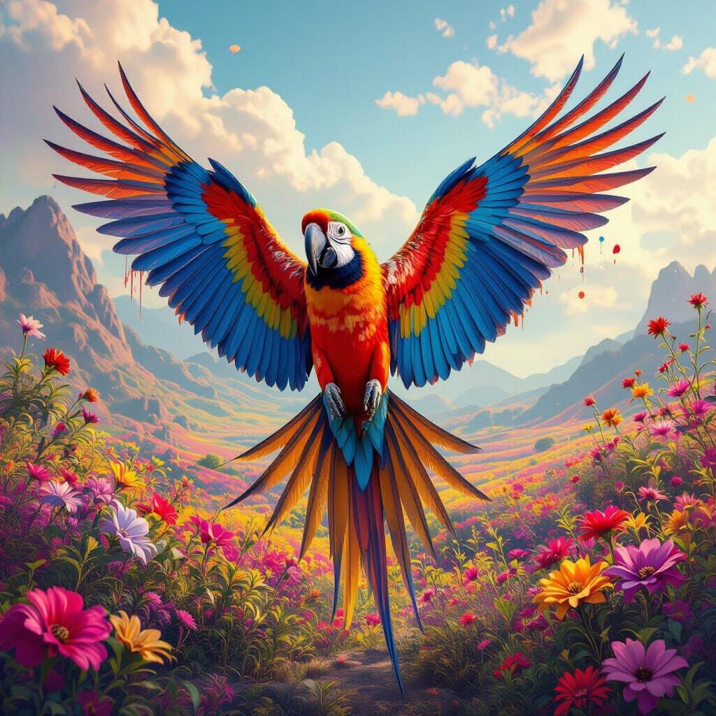 Vibrant Macaw Bird in Maximalist 3D Rendering