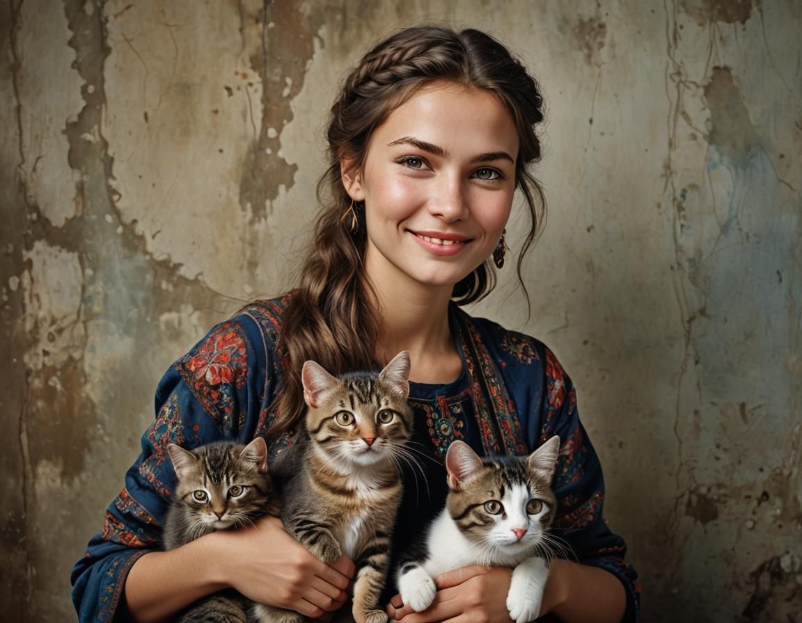 Stunning Ukrainian Girl with Cats: Professional Portrait