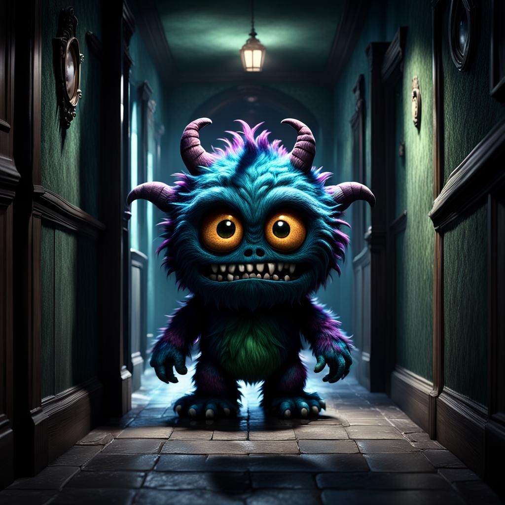 Curious Shadowed Monster in Dark Hallway