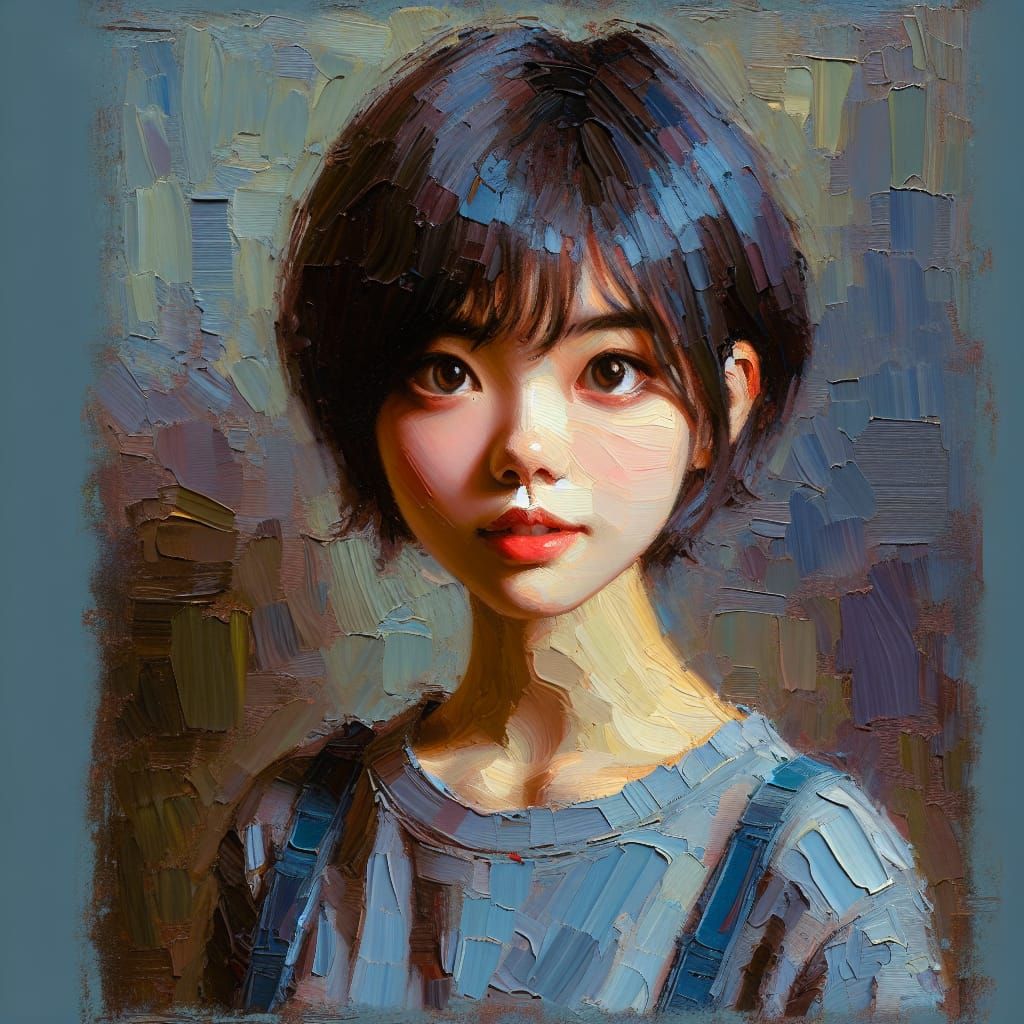Gamine Asian Girl in Heavy Impasto Oil Painting