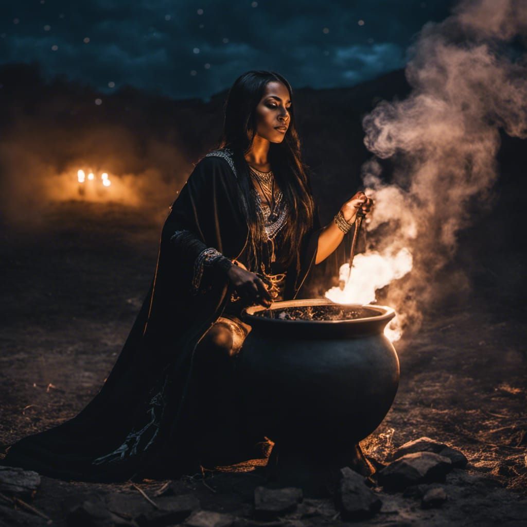 Mexican Witch Casting Spell Under Full Moon