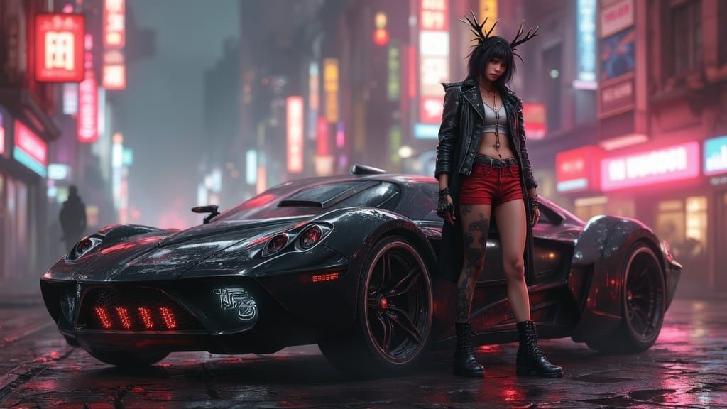 Cyberpunk Backdoor Character with Hovercar