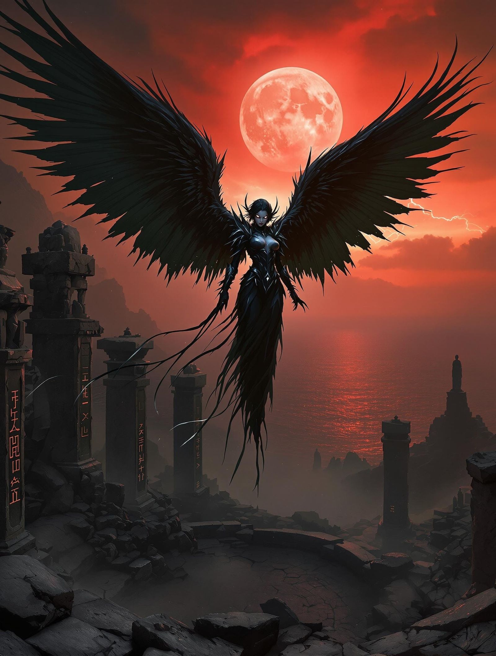 Dark Angel Above Shattered Amphitheater at Twilight