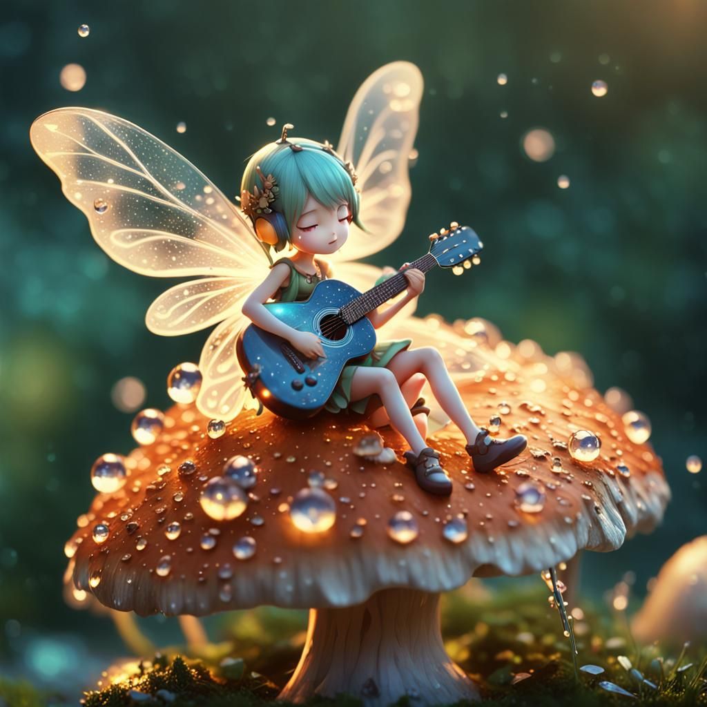 Fairy Plays Guitar on Mushroom: 3D Anime Art