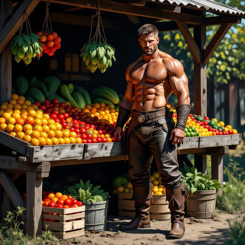 Muscular Warrior at Farmstand in Hyperrealistic Style