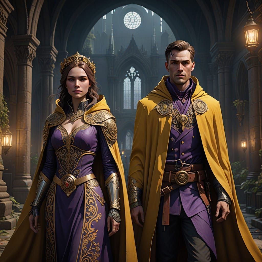 Medieval Spy Duo in Elegant, Dark Fantasy Attire