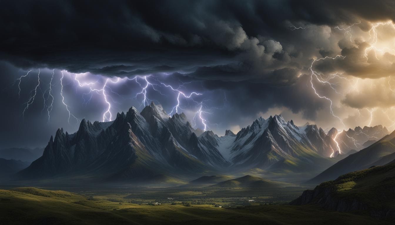 Dramatic Lightning Storm Over Mountains: Digital Matte Paint...