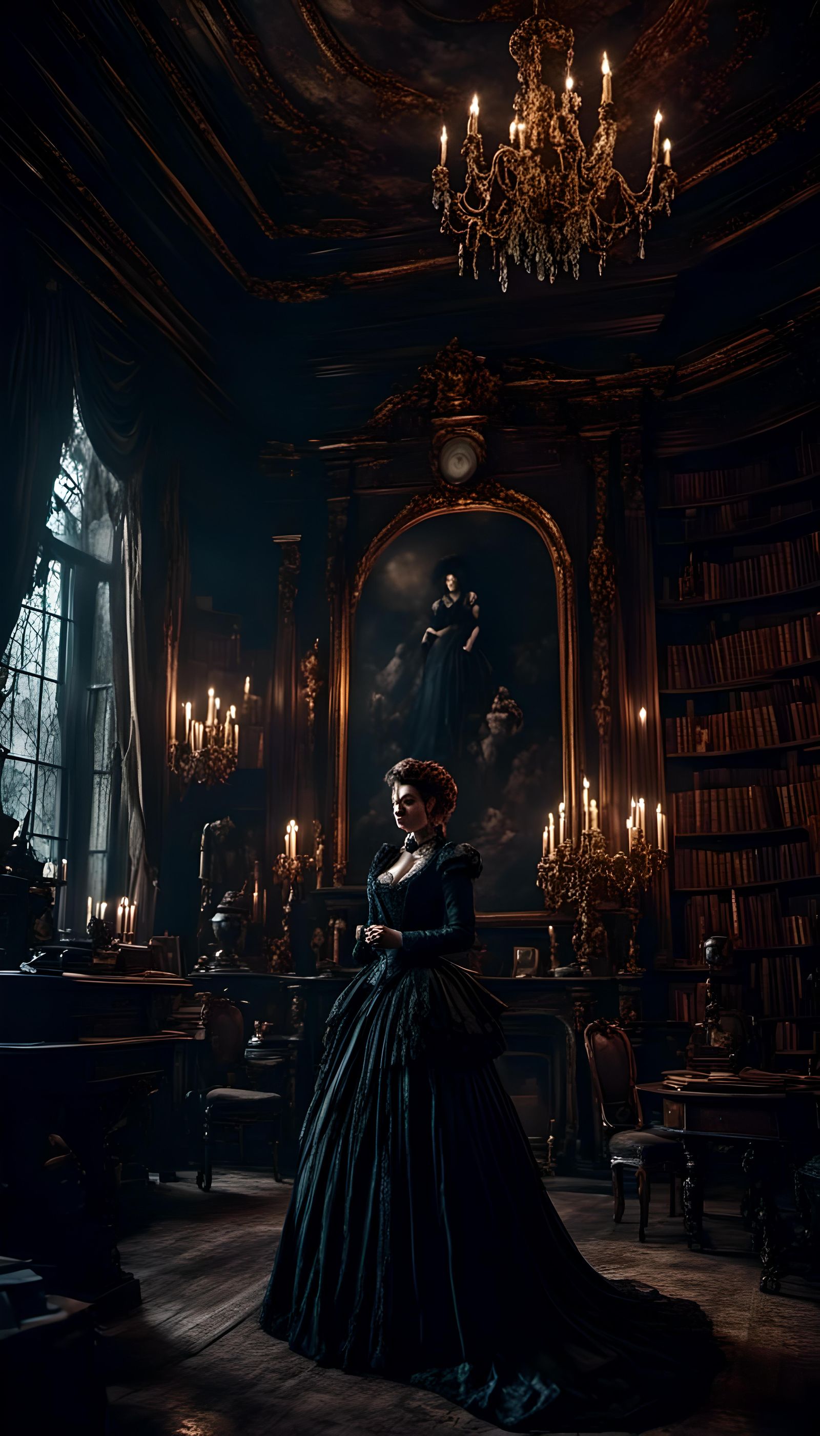 Ethereal Woman in Haunted Dark Academia Study