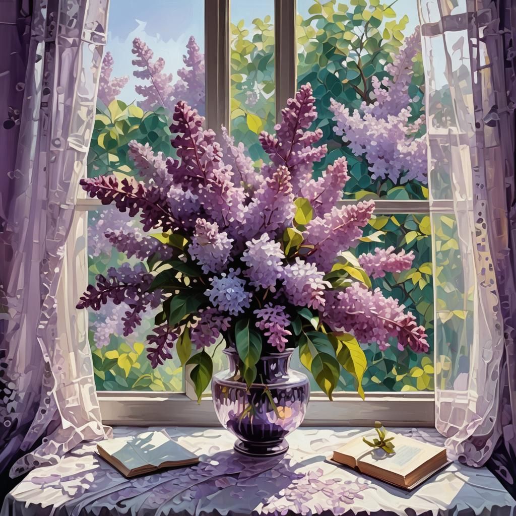 Lilac Bouquet in Surreal Garden: Digital Oil Painting