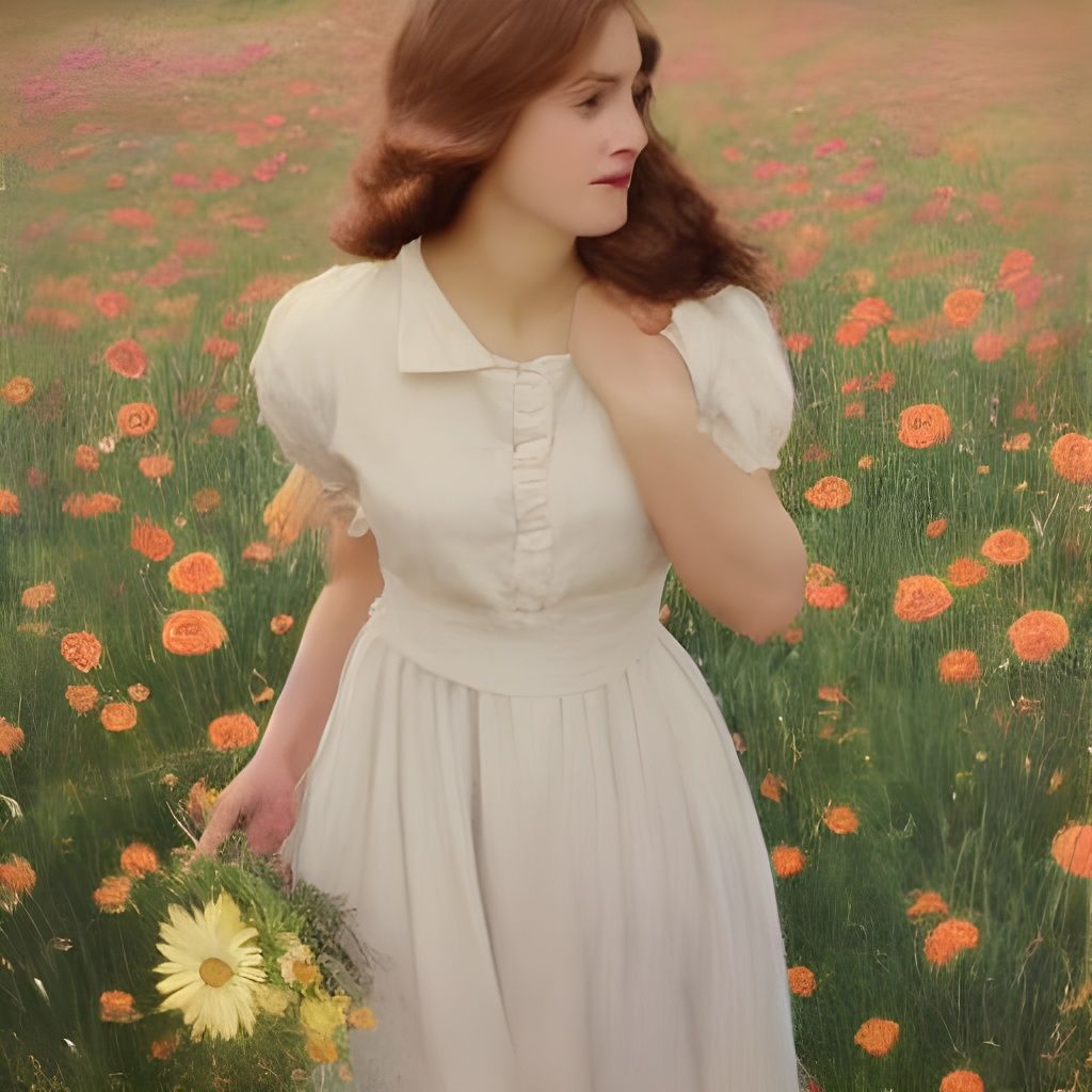 Contemplative Woman in Flower Field, Waterhouse Style