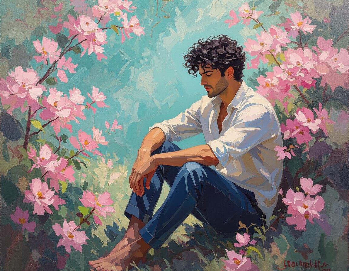Man in Pink Blossoms Oil Painting Impressionist Style