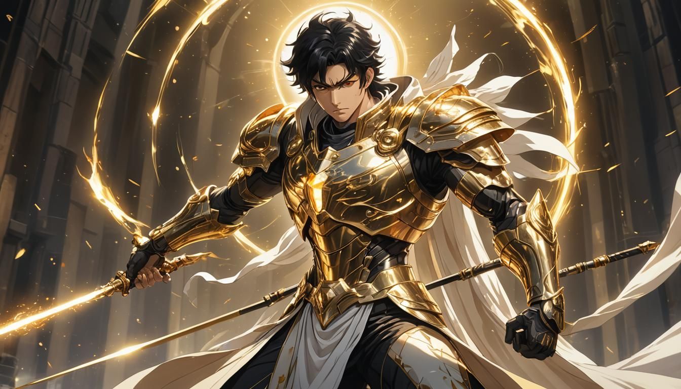 Anime Warrior with Golden Armor and Energy Staff