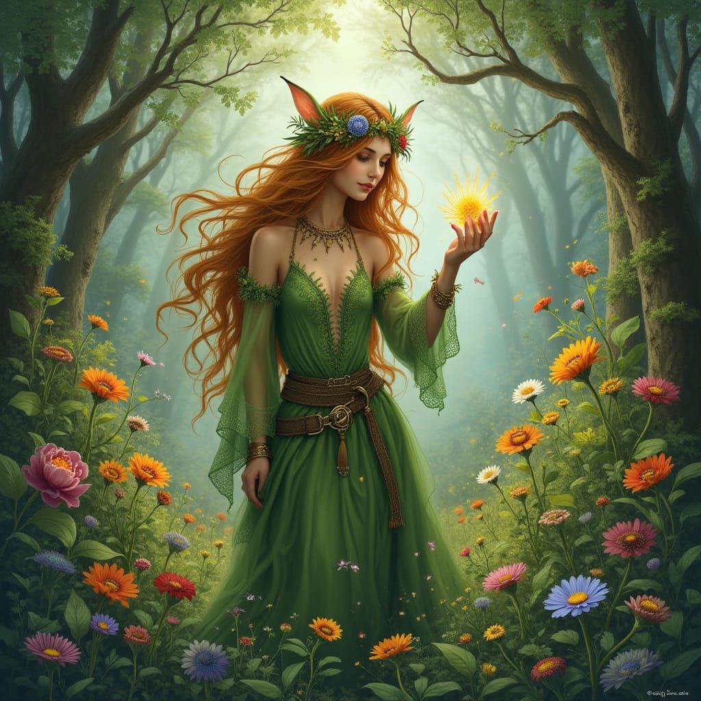 Enchanted Elven Druid Conjures Vibrant Wildflowers in Whimsi...