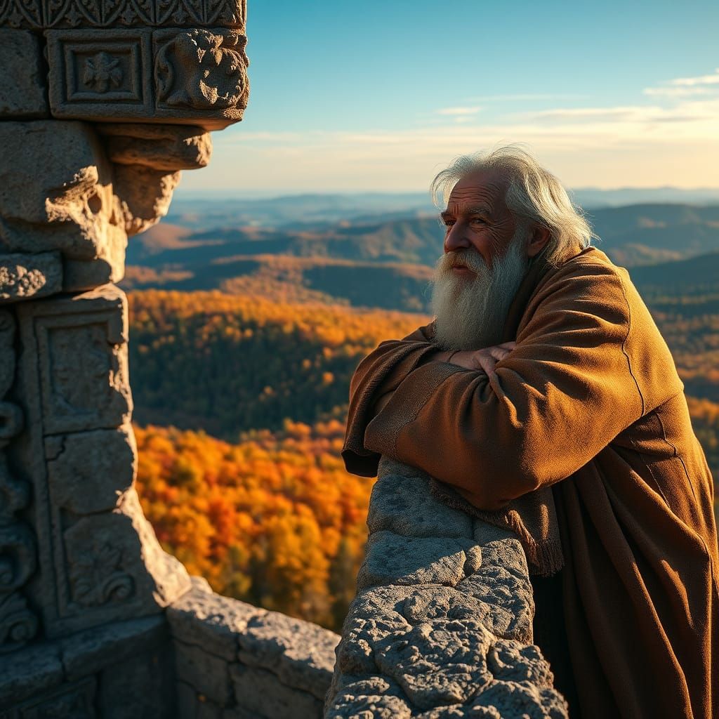 Hopeful Old Man Gazing at Autumn Vista