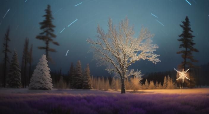 Star Trails Over Icy Winter Lavender Field