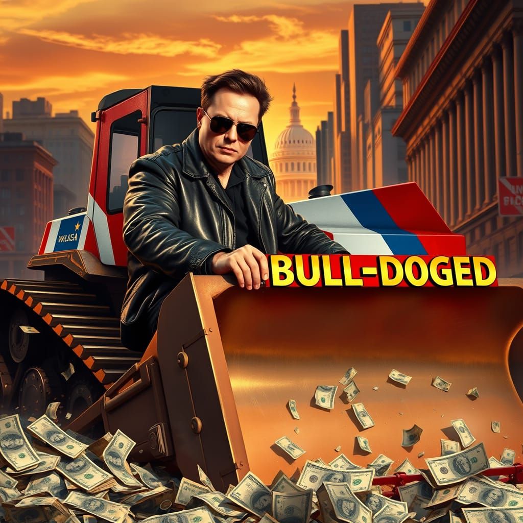 Elon Musk, dressed in a black leather jacket and sunglasses, intensely operating a massive bulldozer with a sharp metal ...