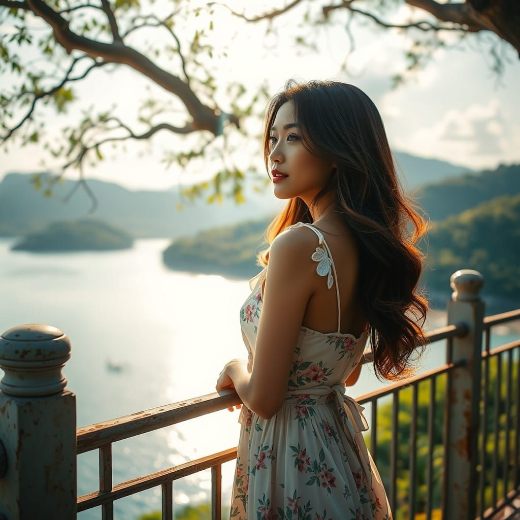 Southeast Asian Woman Basks in Serene Lakeside Setting