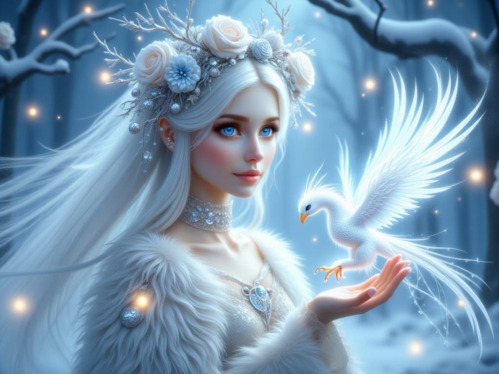 Ethereal Goddess with White Phoenix in Mystical Arcadia