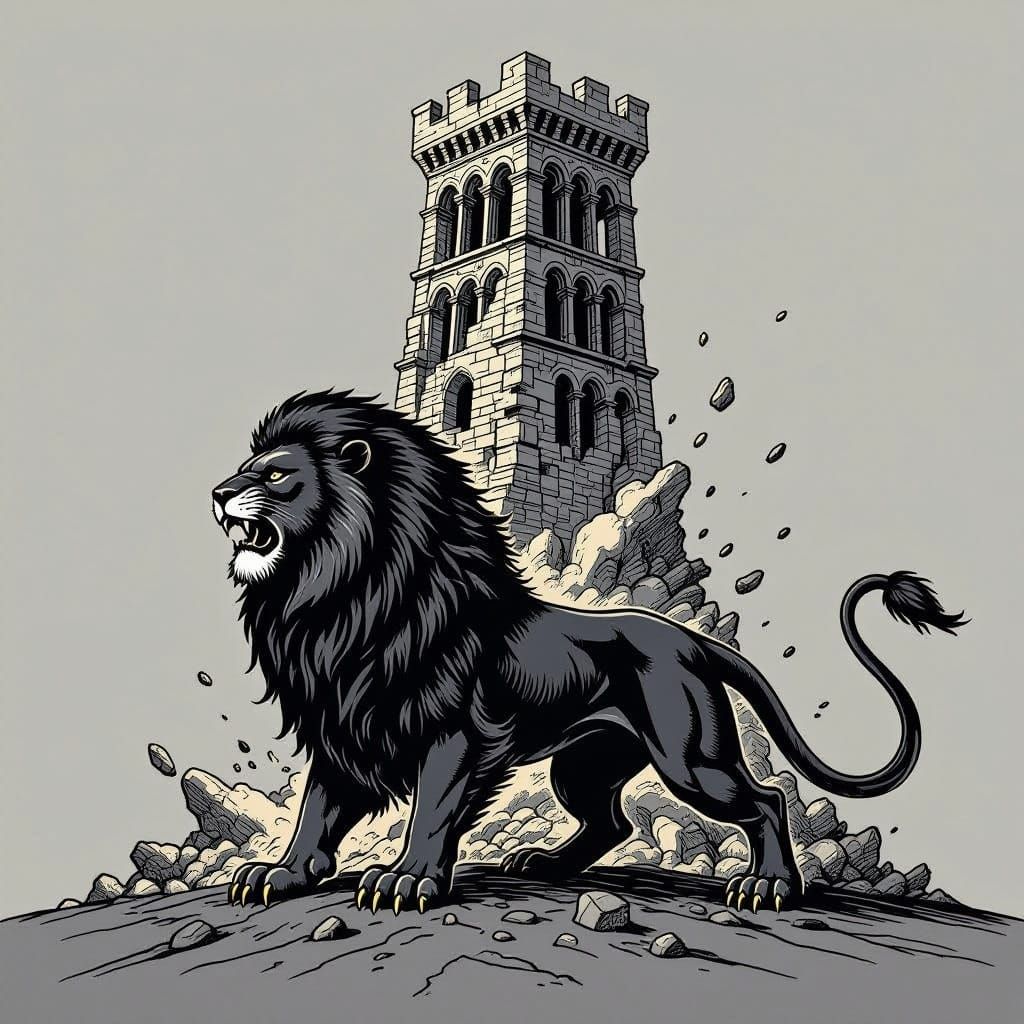 Heraldic Banner: Black Lion and Collapsing Tower
