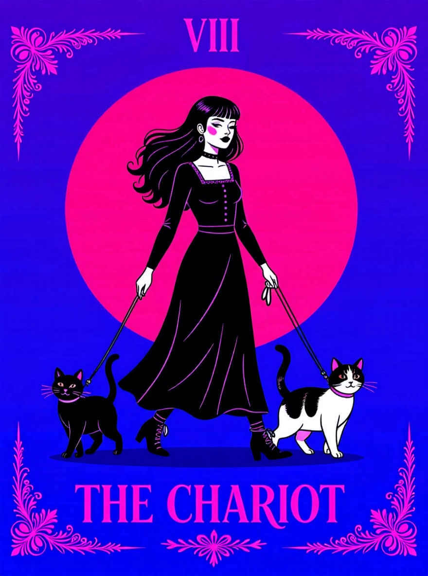 Goth Woman Walking Cats: The Chariot Tarot Card