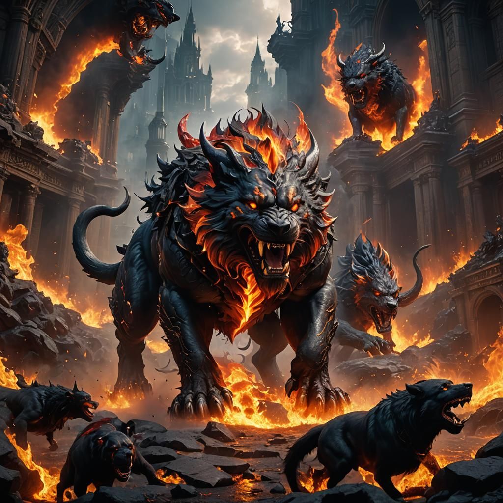 Fiery Cerberus Fantasy Concept Art