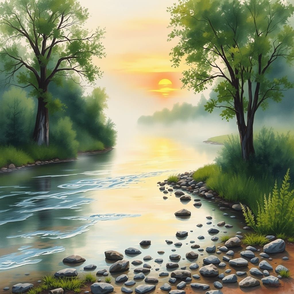 Surreal Watercolor Landscape of a Winding River at Sunset