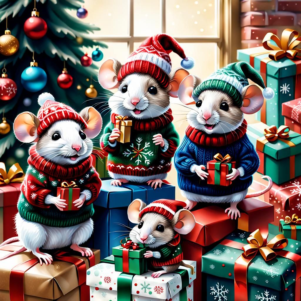 Festive Mice Celebrate Christmas in Storybook Scene