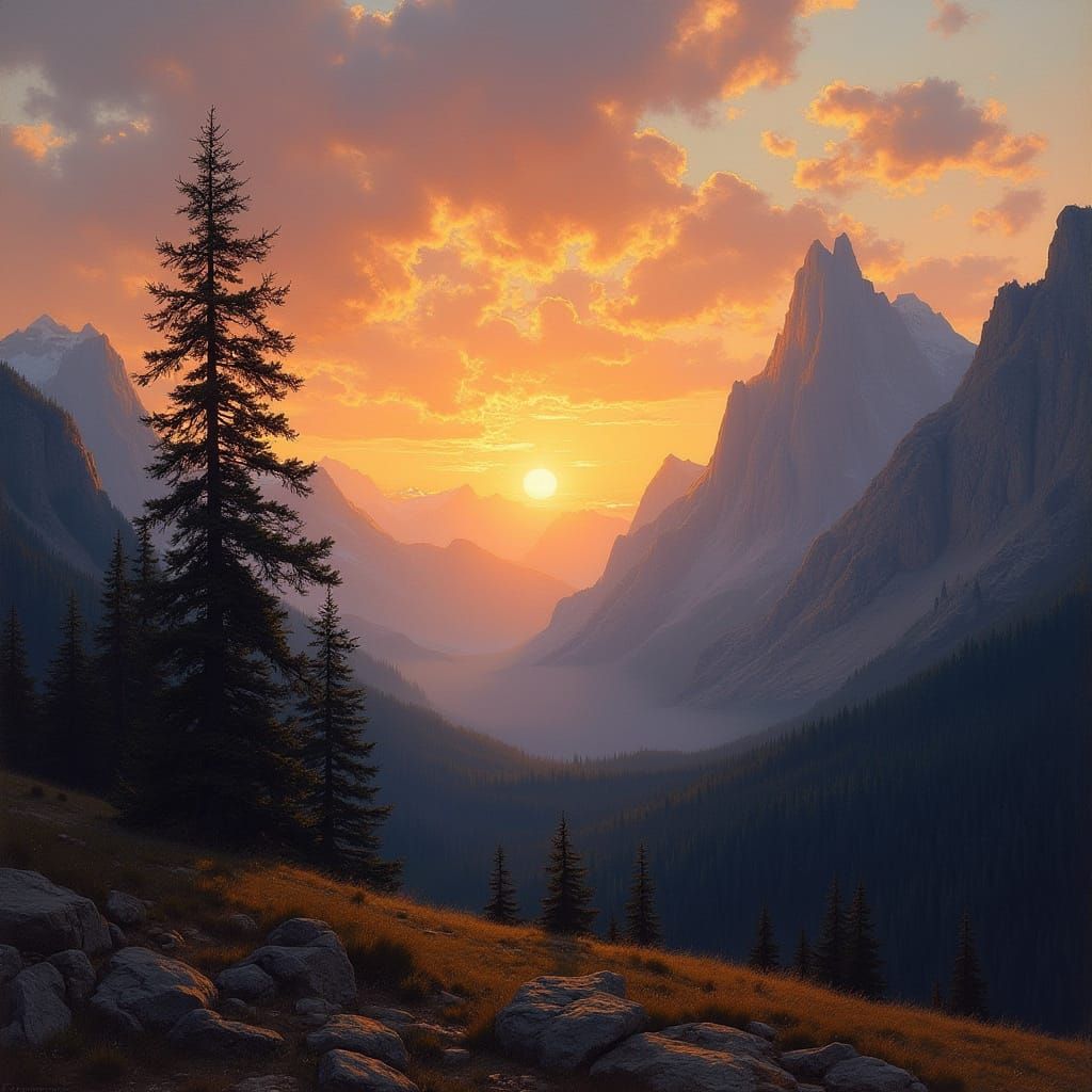 Tranquil Mountain Landscape at Dusk in Hudson River School S...