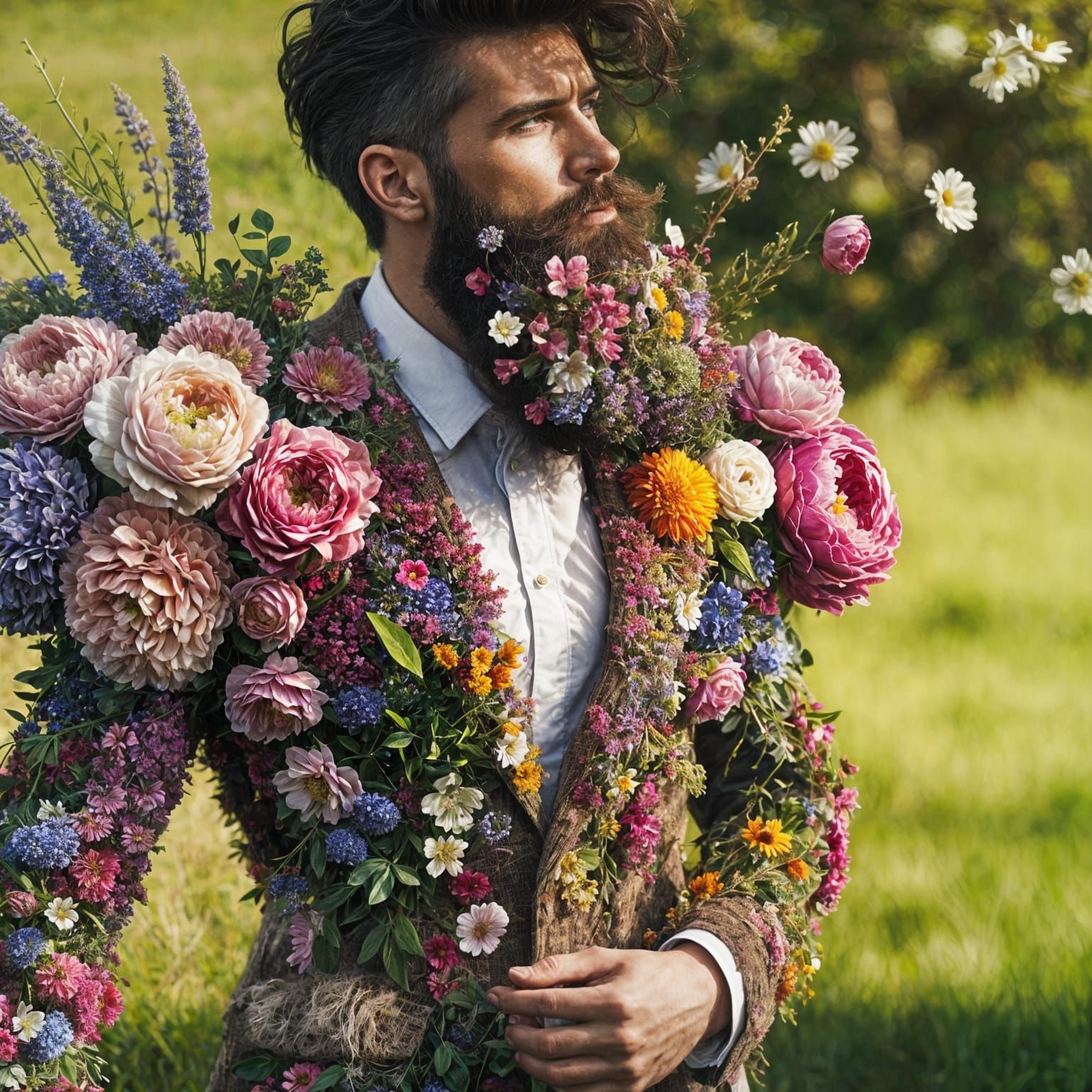 Charming Floral Gentleman Strolls through an Enchanted Meado...