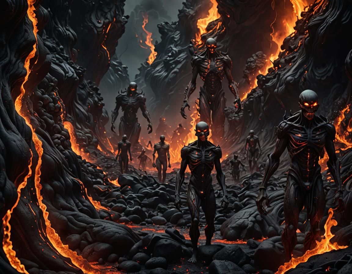 Demonic Figures in Lava: Hyper-Realistic Digital Art