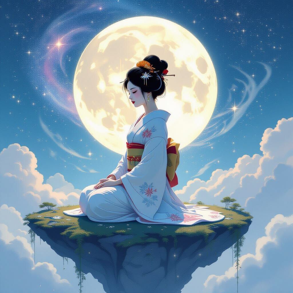 Ethereal Geisha Meditating in Cosmic Galaxy