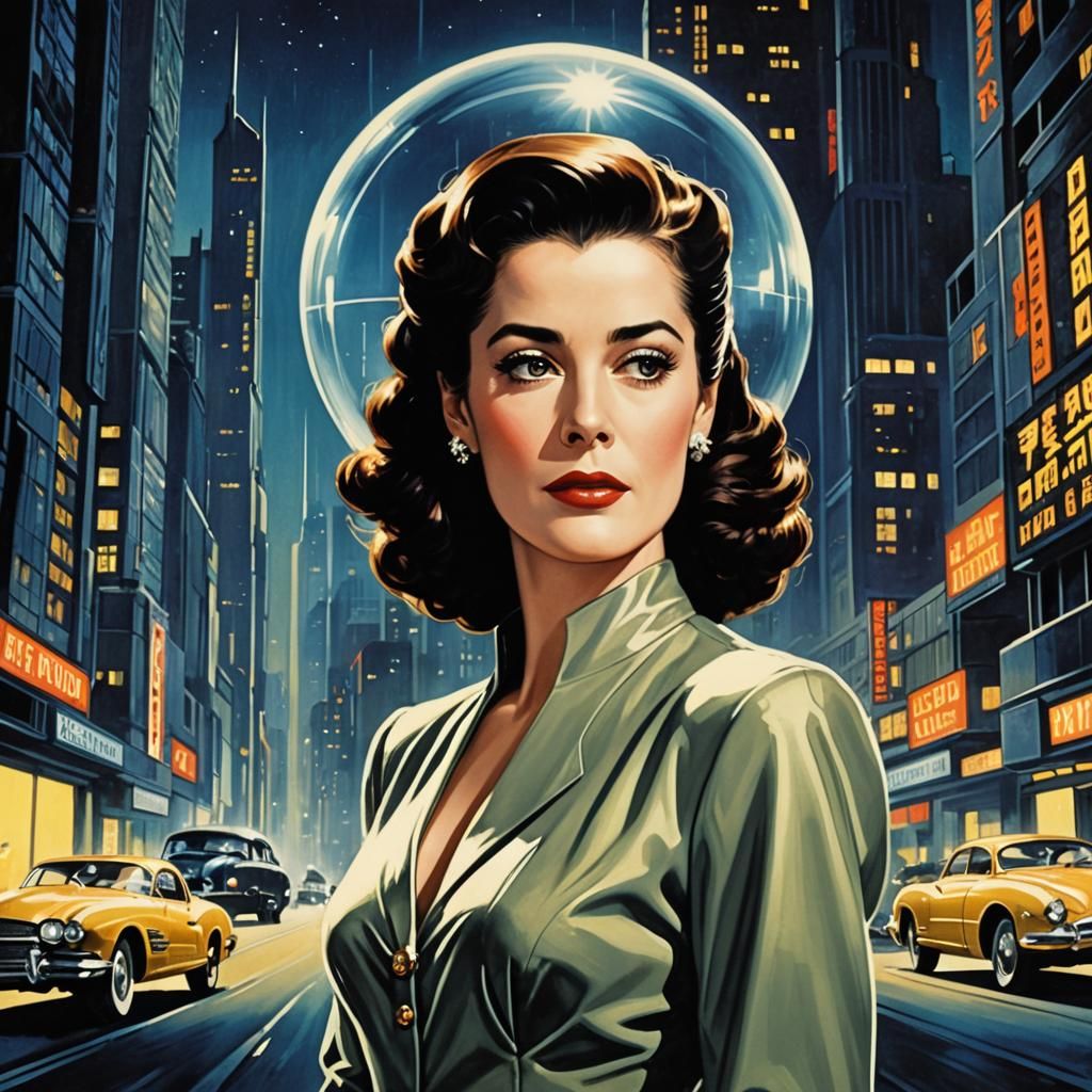 Glamorous Sci-Fi Femme Fatale in Retrofuturistic Film Poster