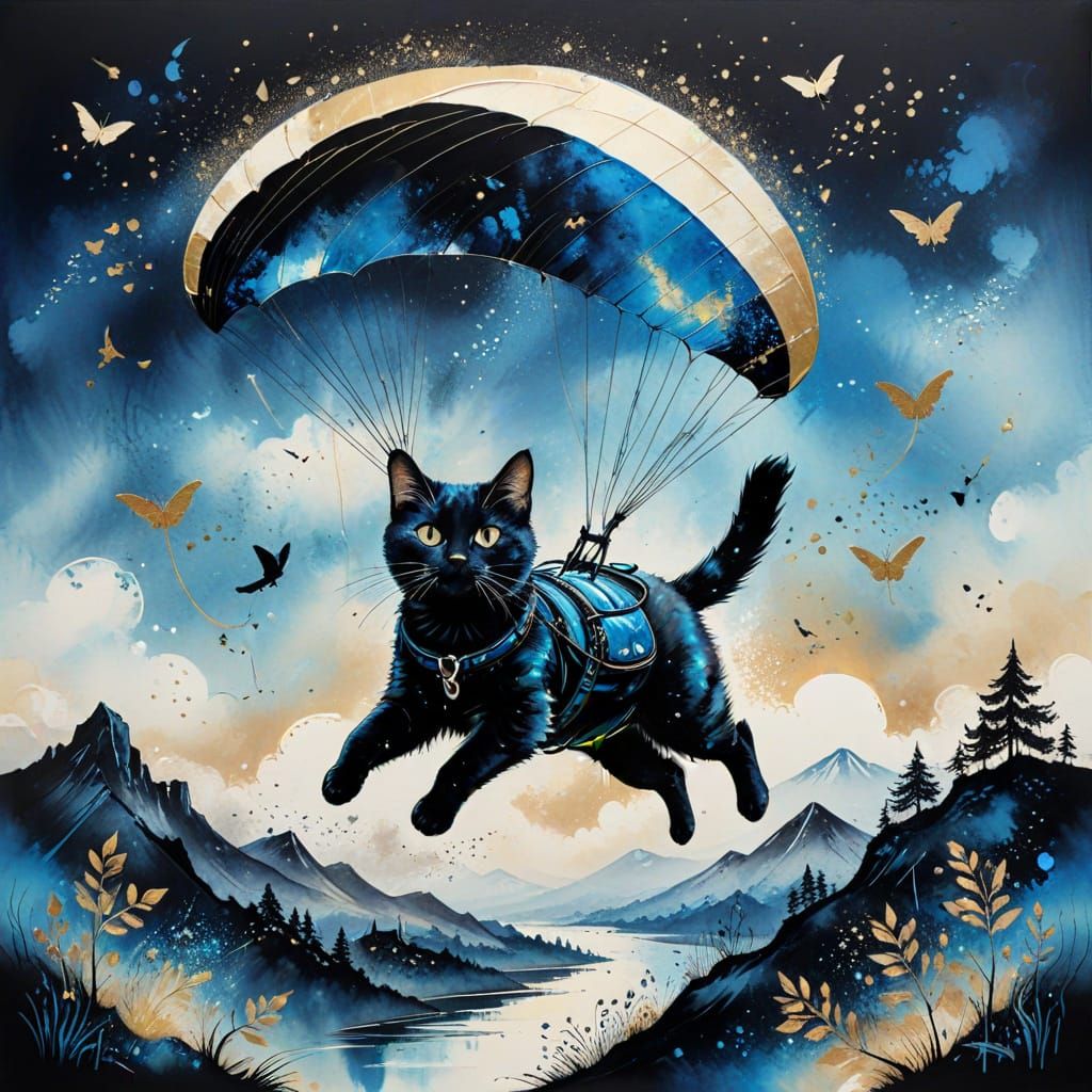 Paragliding Cat in Soft Ink Painting Style