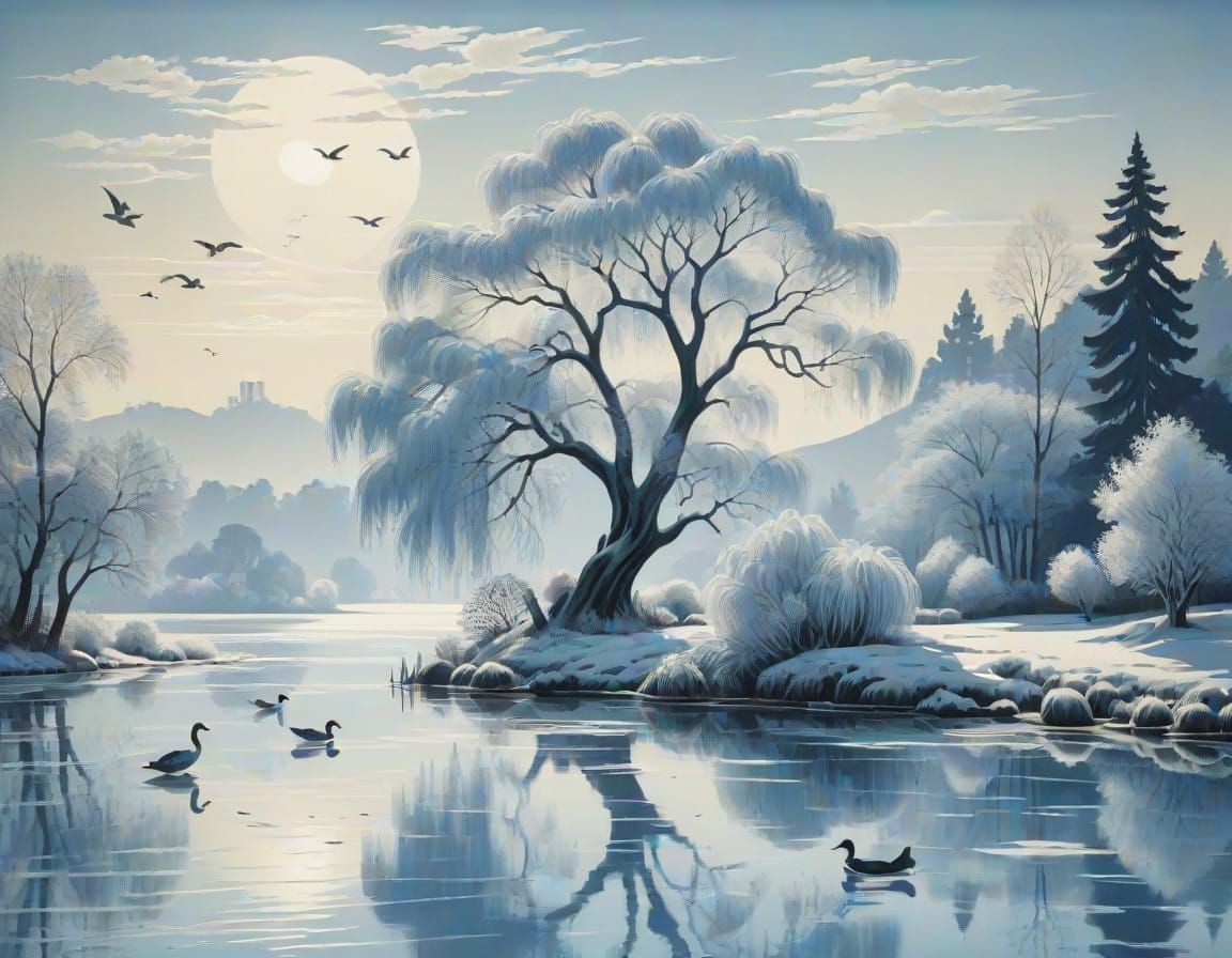 Majestic Willow Tree Amidst Frozen Lake Landscape
