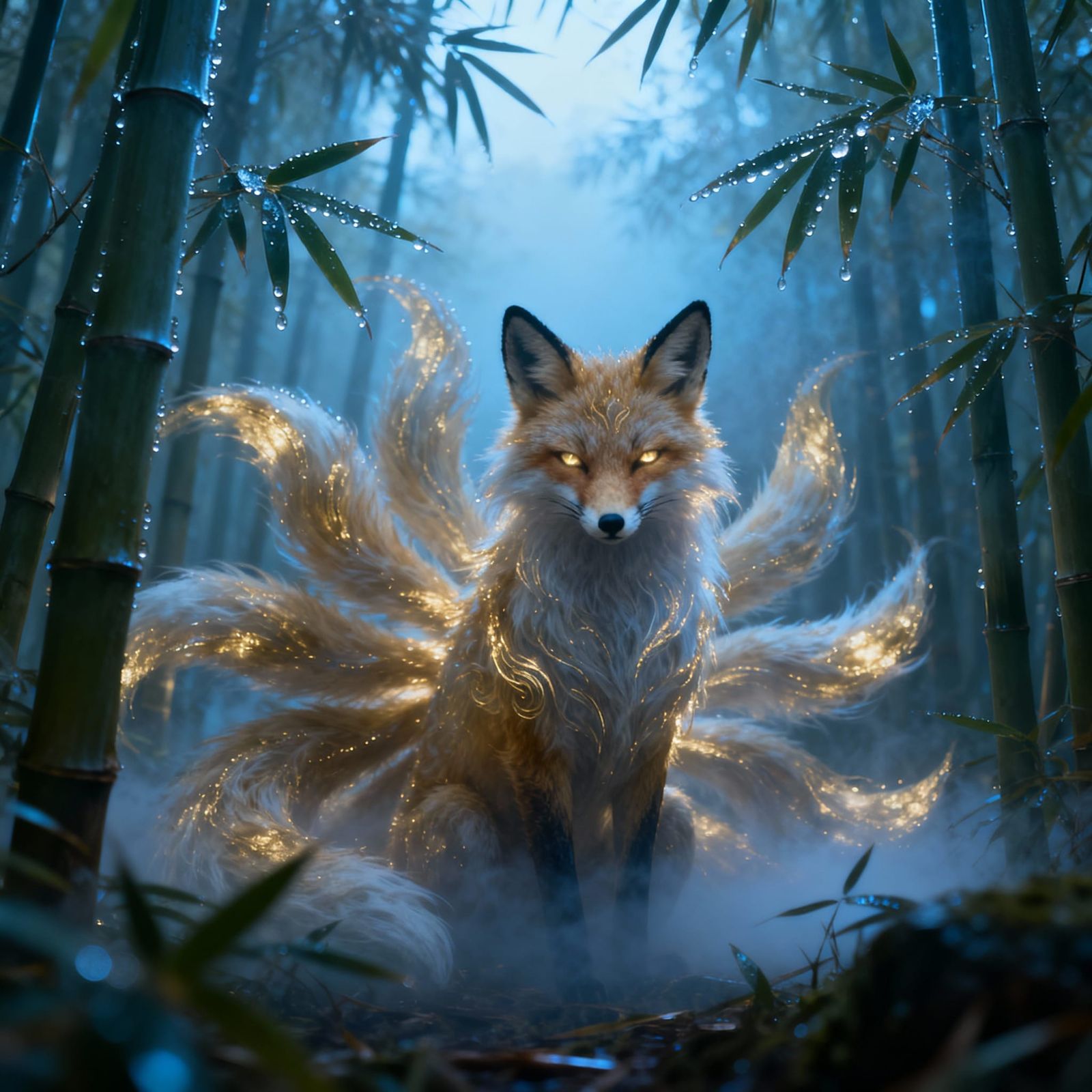 Mystical Nine-Tailed Fox in Misty Bamboo Forest