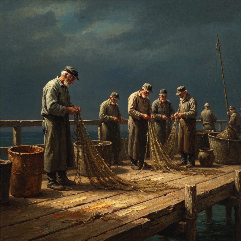Elderly Fishermen Mending Nets on Pier in Impasto Style