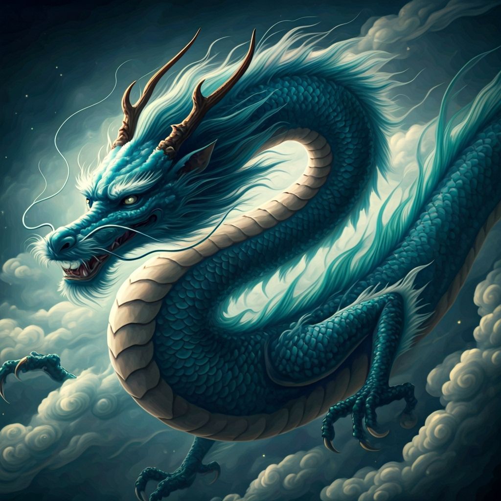 Azure Dragon Soars Through Clouds in Ethereal Digital Art