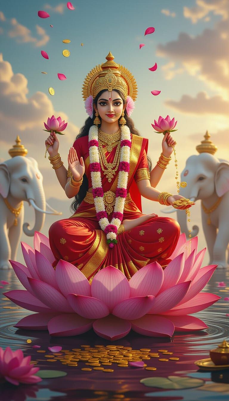 Goddess Lakshmi on Lotus in Hyperrealistic Style