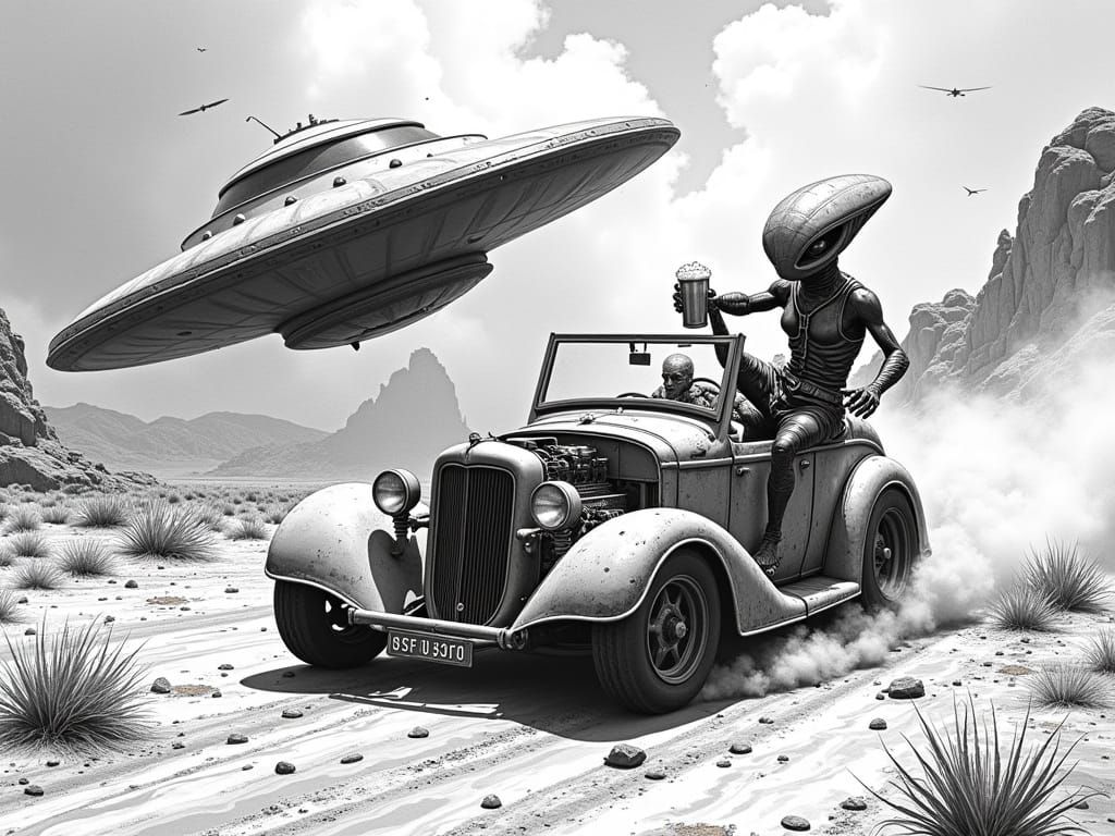 Vintage Car Chased by Aliens Consuming Cannabis