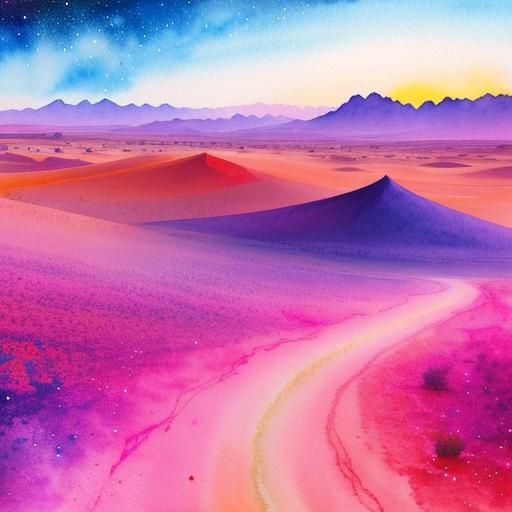 Desert Sunrise Watercolor Sketch in Galactic Style