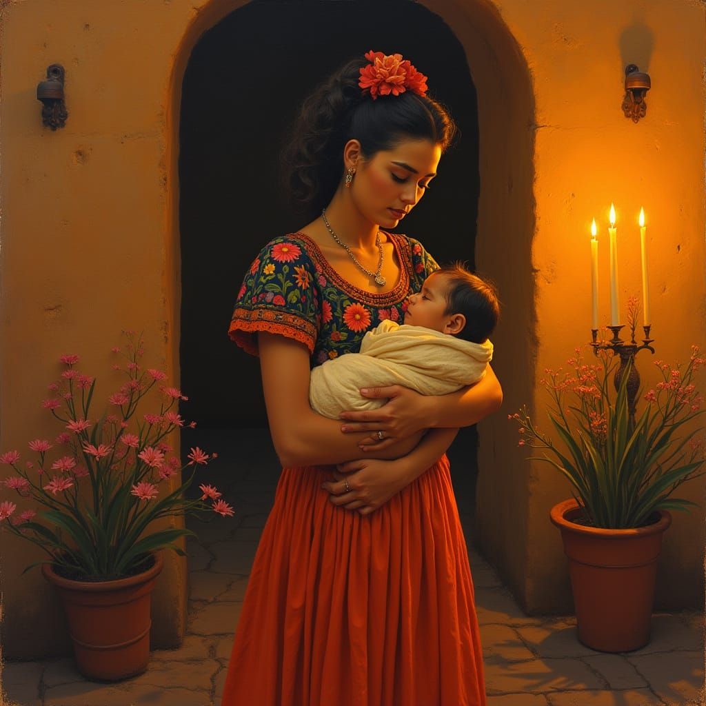 Tender Mexican Mother Cradling Baby in Vibrant Colors
