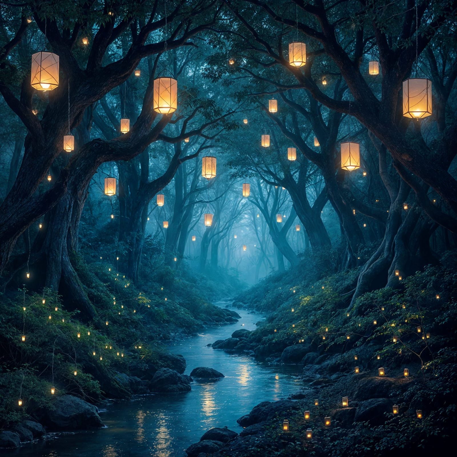 Mystical Forest Scene with Thousands of Glowing Paper Lanter...