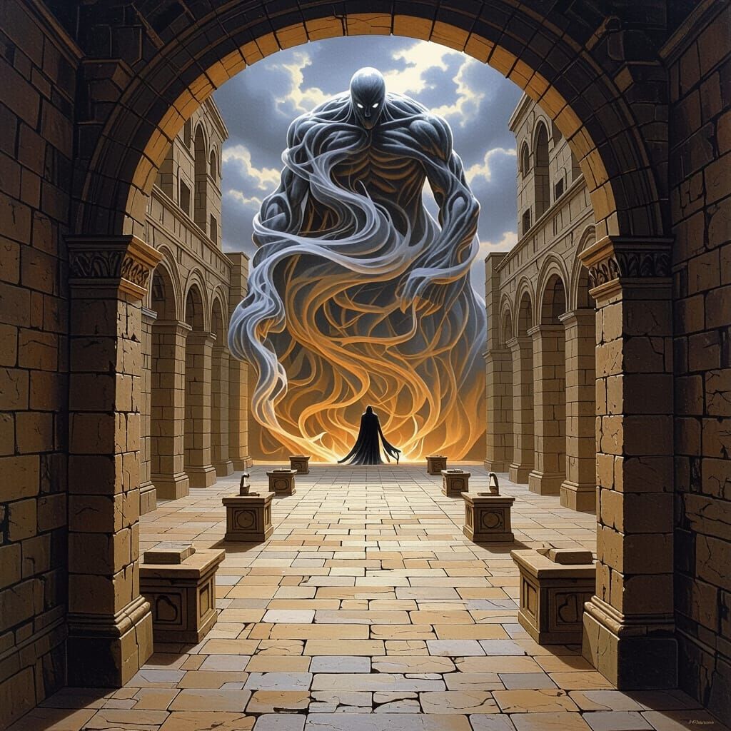 Ethereal Smoke Creature in Ancient Courtyard