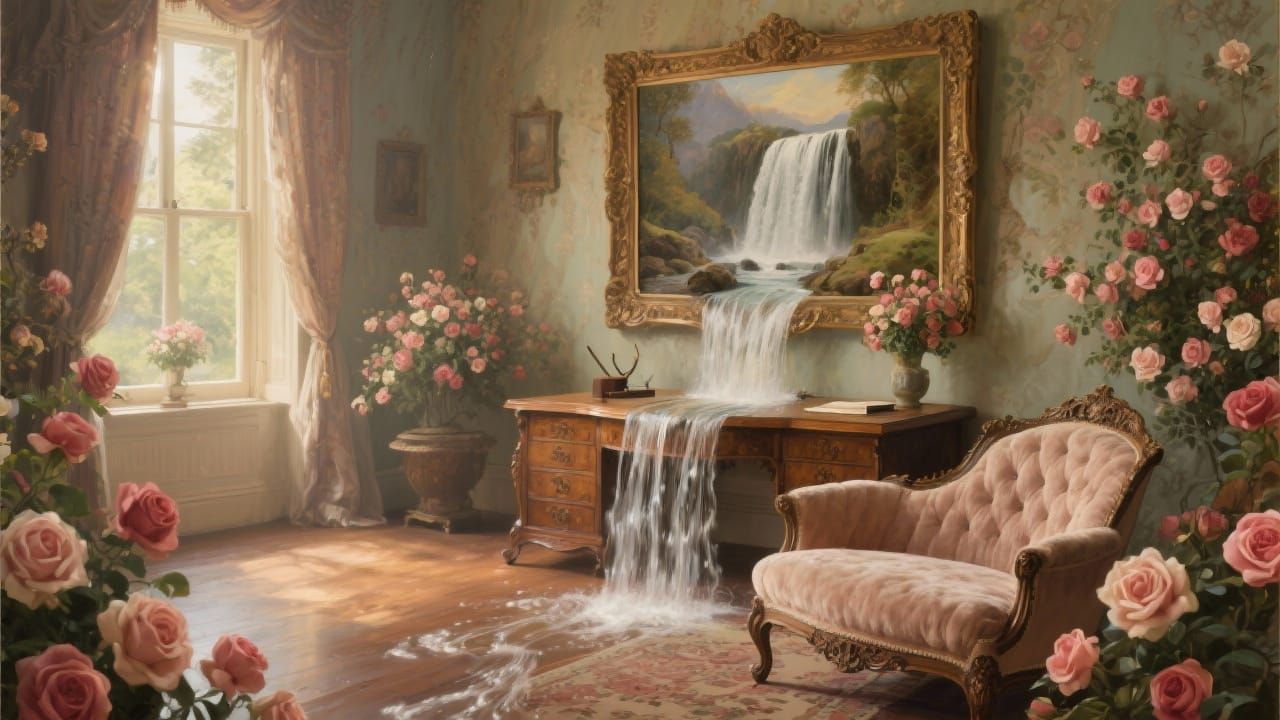 Victorian Parlor Waterfall Painting with Surreal Elements
