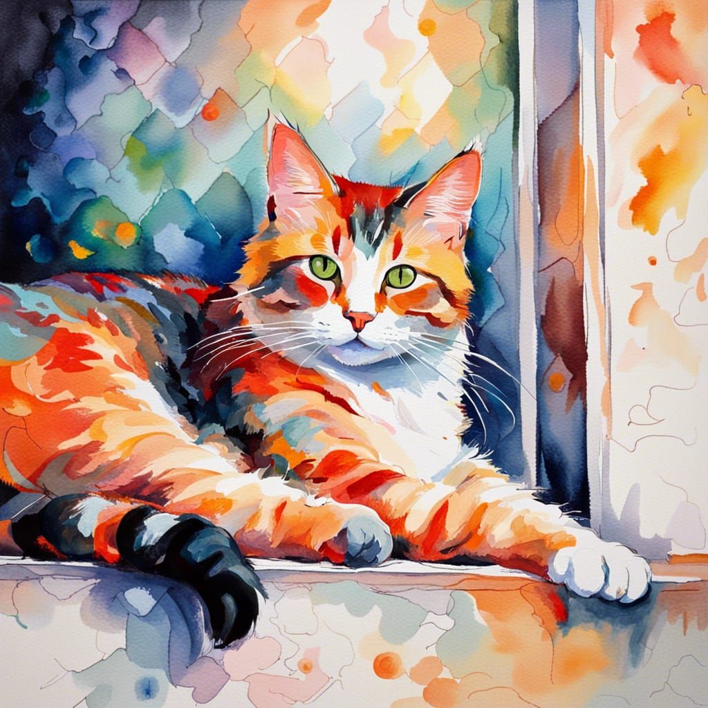 Cat Lounging in Bedroom: Neo-Impressionist Watercolor