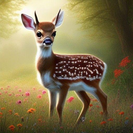 Cute Baby Deer in Flower Meadow Digital Art