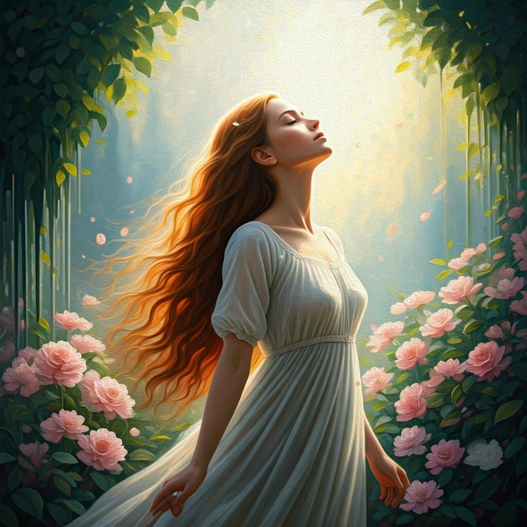 Ethereal Woman Surrounded by Flowers Oil Painting