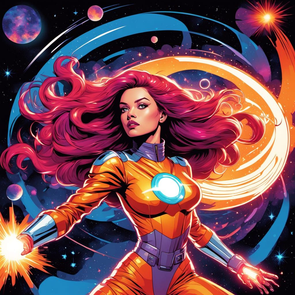 Starfire Blowing Heat in Galactic Space Retro Comic Style