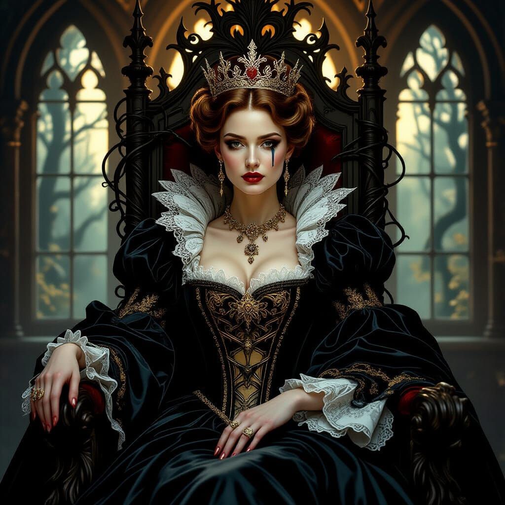 Regal Queen in Gothic Attire on Thorny Throne